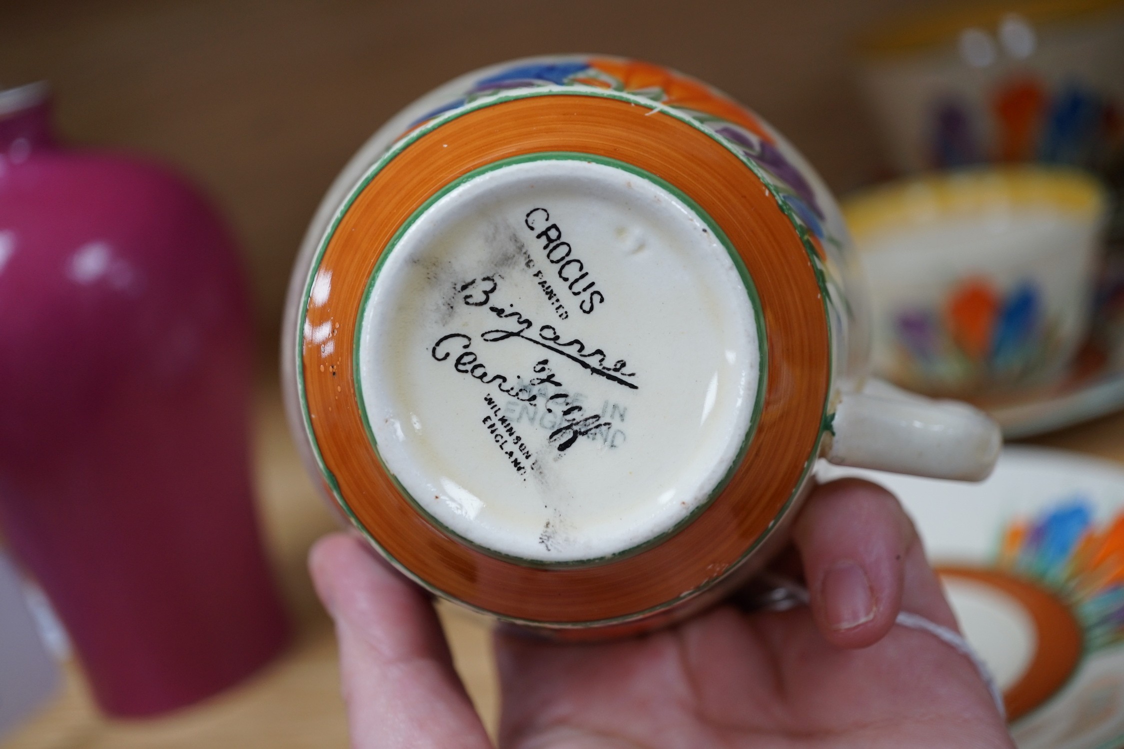 A Clarice Cliff seventeen piece Autumn Crocus part teaset, including a preserve jar and cover